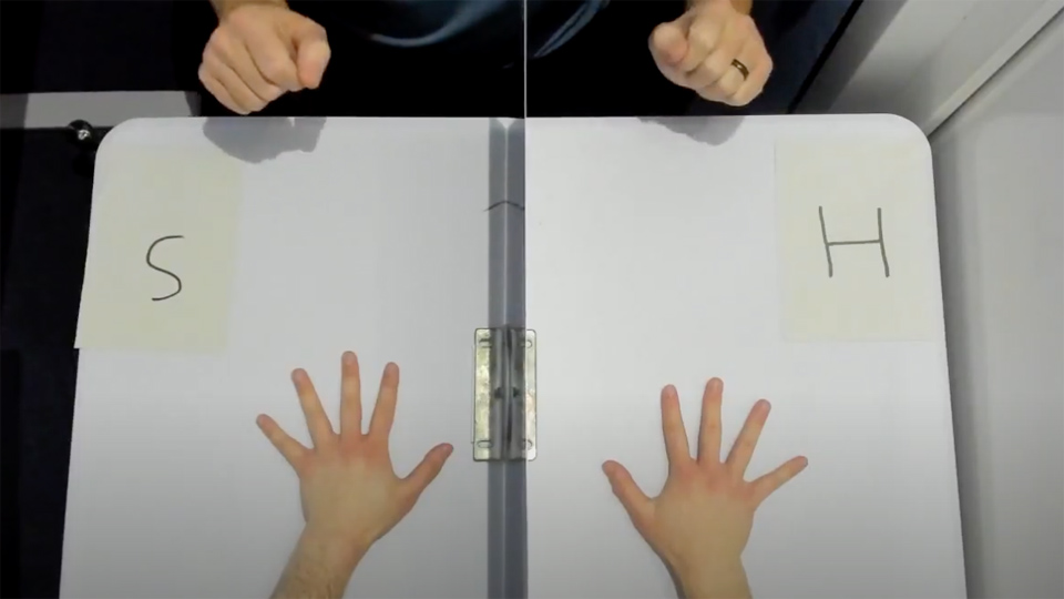 Two hands with fingers spread apart on a table, a letter S is shown next to the left hand and a letter H is next to the other